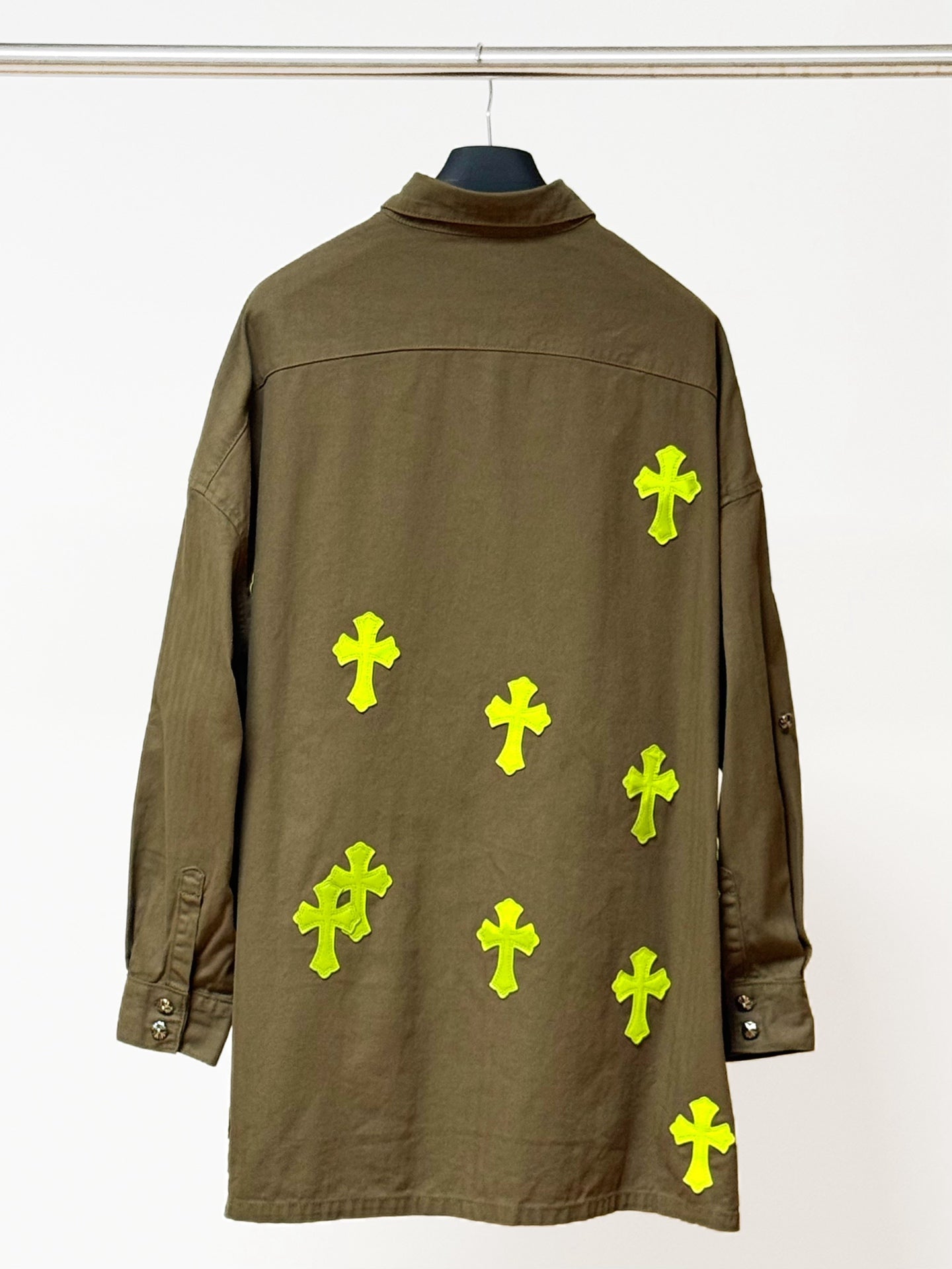 Neon Green Cross Army Green Button-Up Shirt™