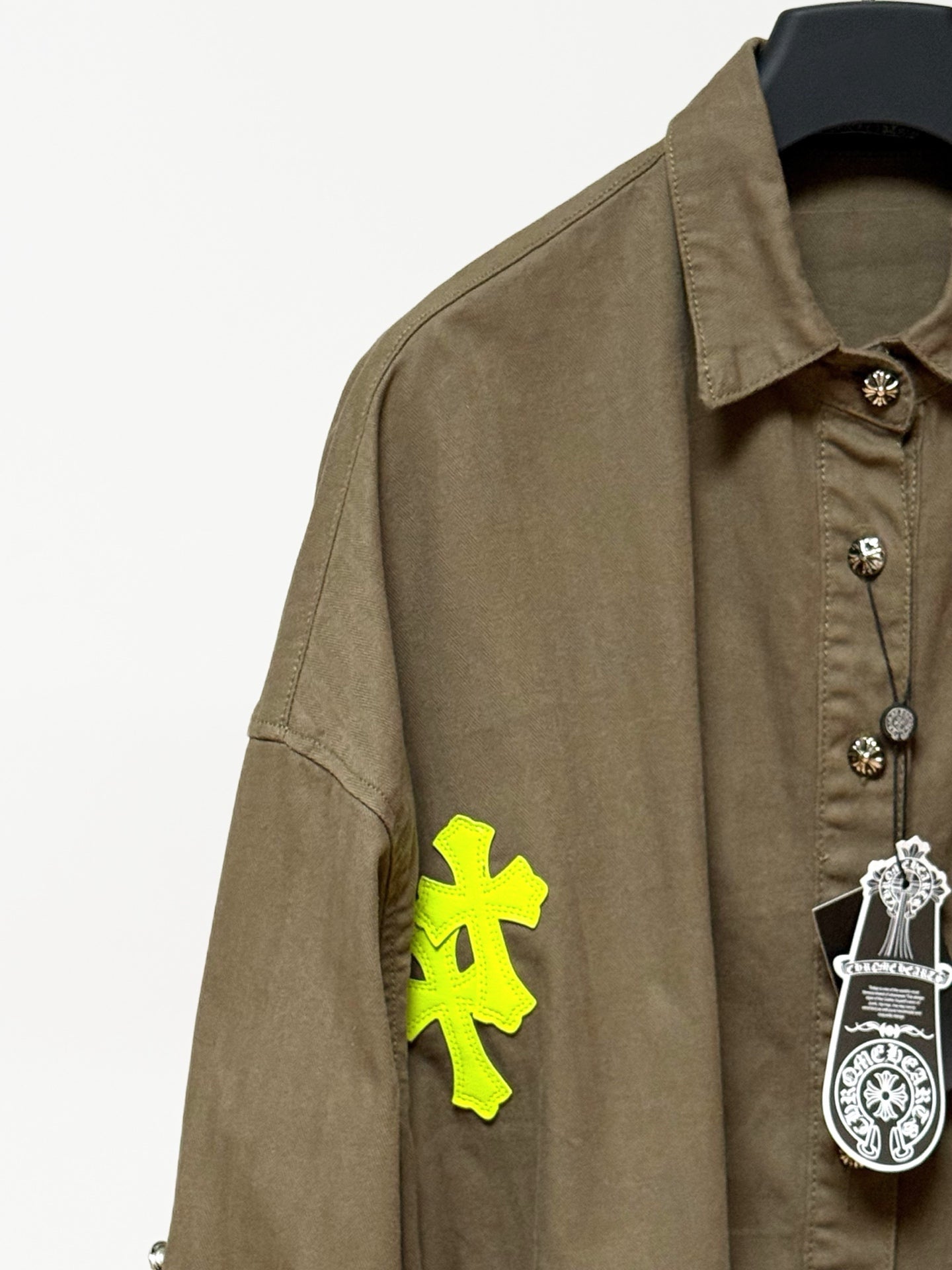 Neon Green Cross Army Green Button-Up Shirt™