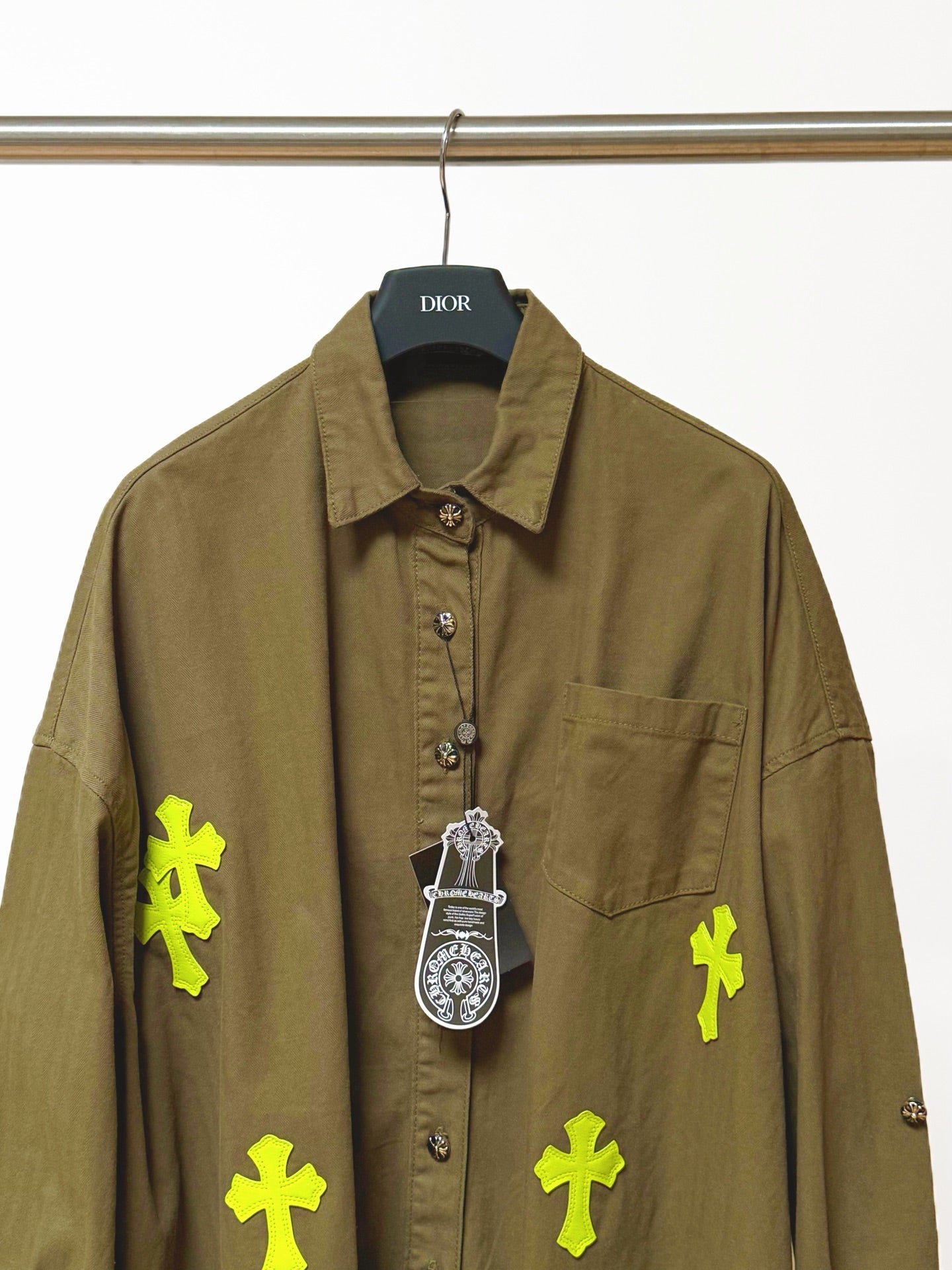 Neon Green Cross Army Green Button-Up Shirt™