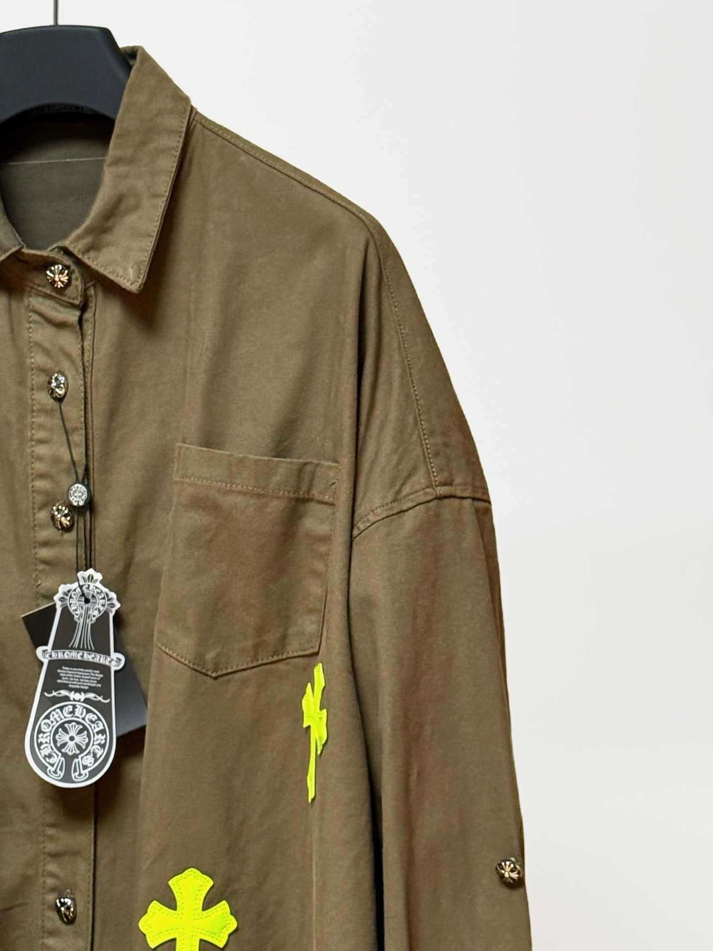 Neon Green Cross Army Green Button-Up Shirt™