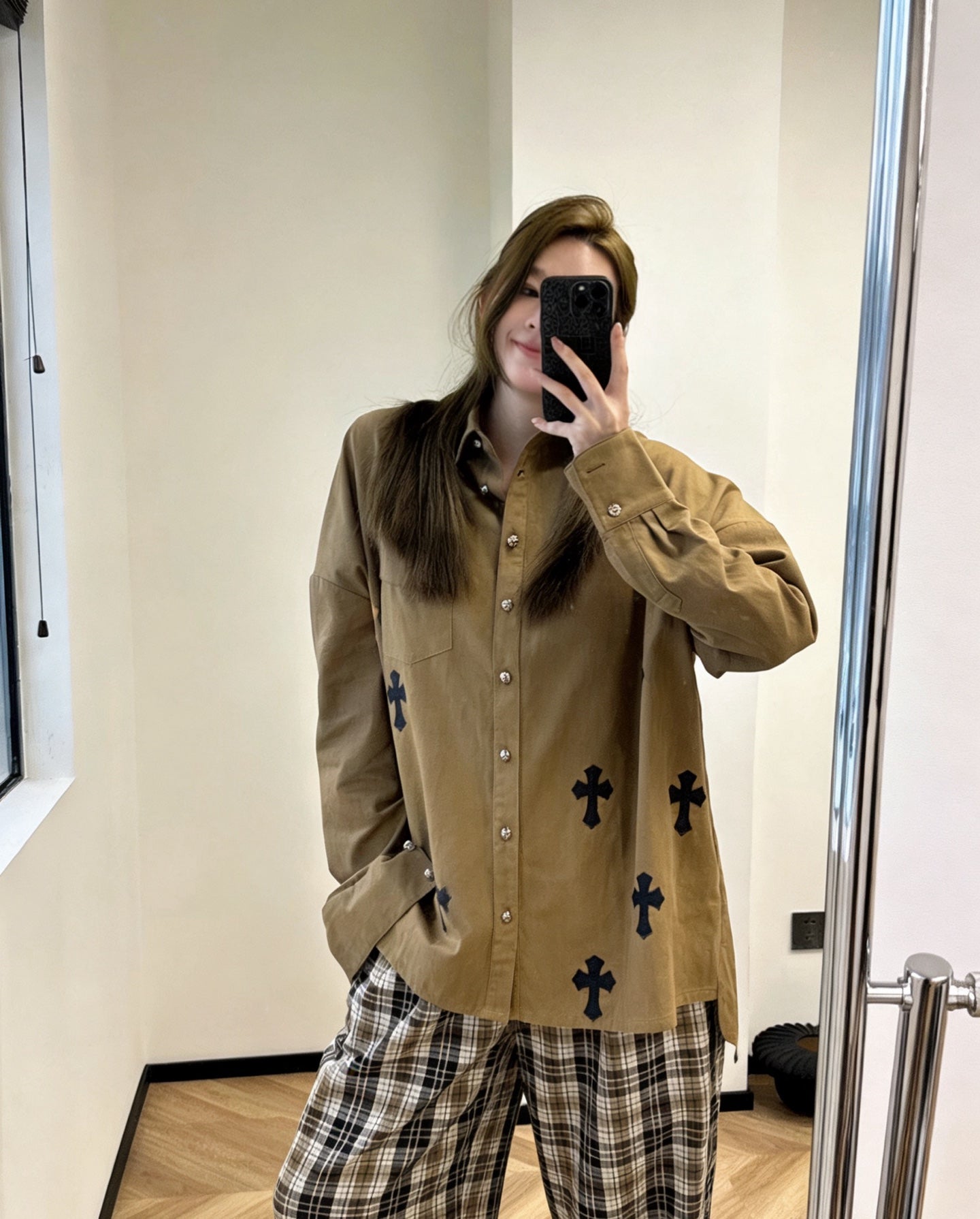 Black Cross Khaki Brown Button-Up Shirt™