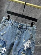 White Cross Patch Ripped Denim Shorts™