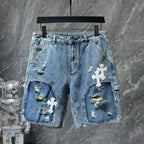 White Cross Patch Ripped Denim Shorts™