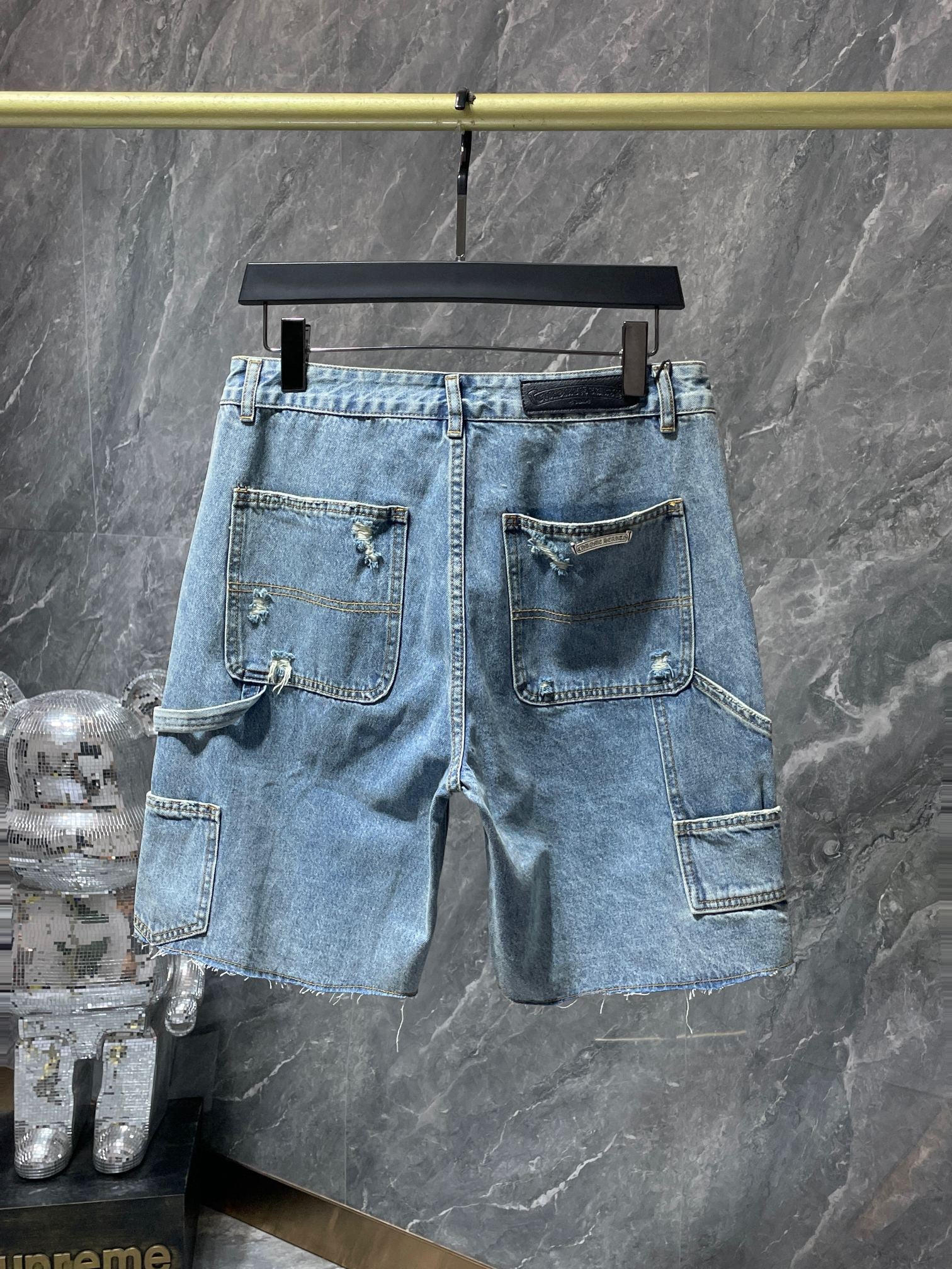 White Cross Patch Ripped Denim Shorts™