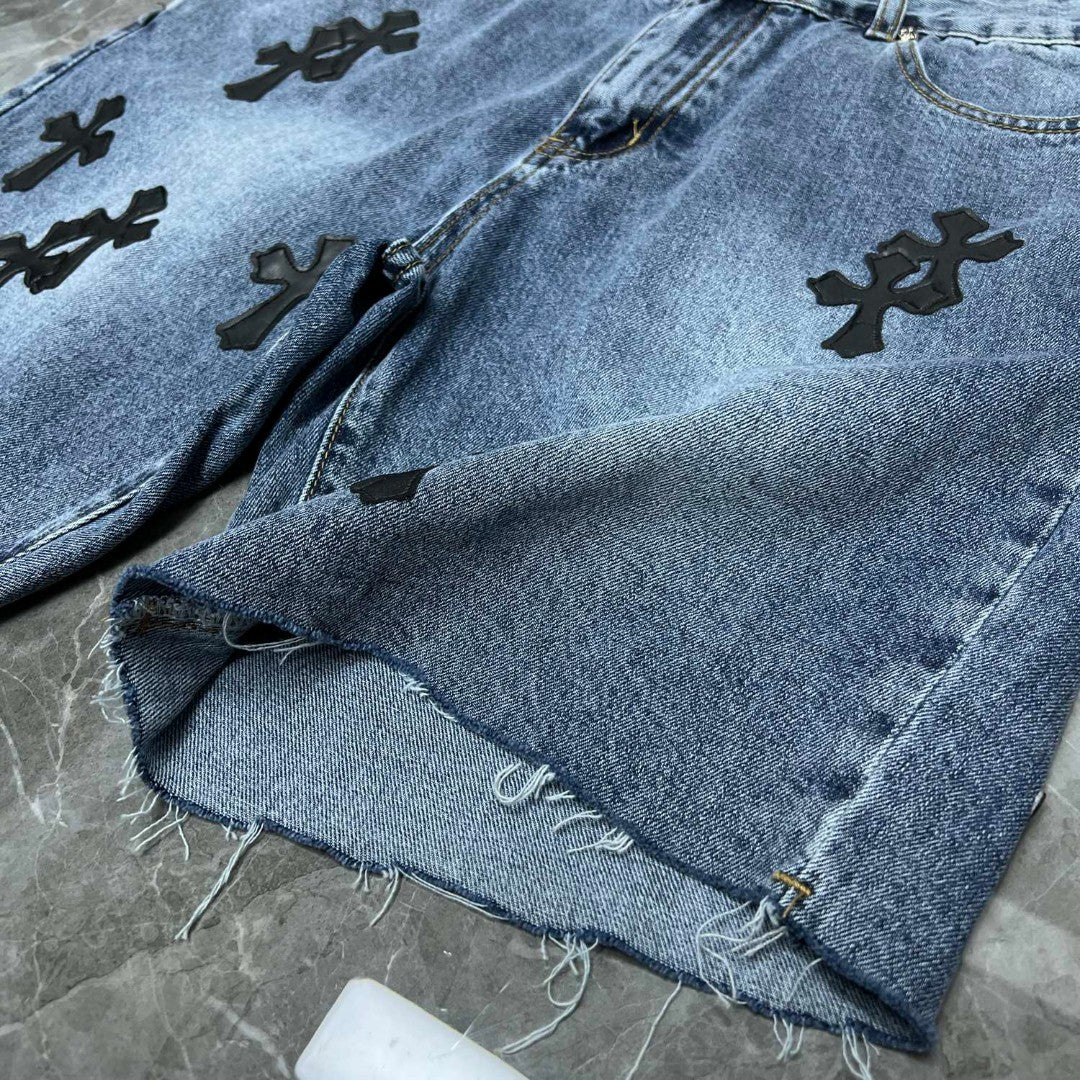 Black Cross Patch Denim Shorts™