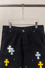 Yellow Blue White Cross Patch Black Jean Shorts™