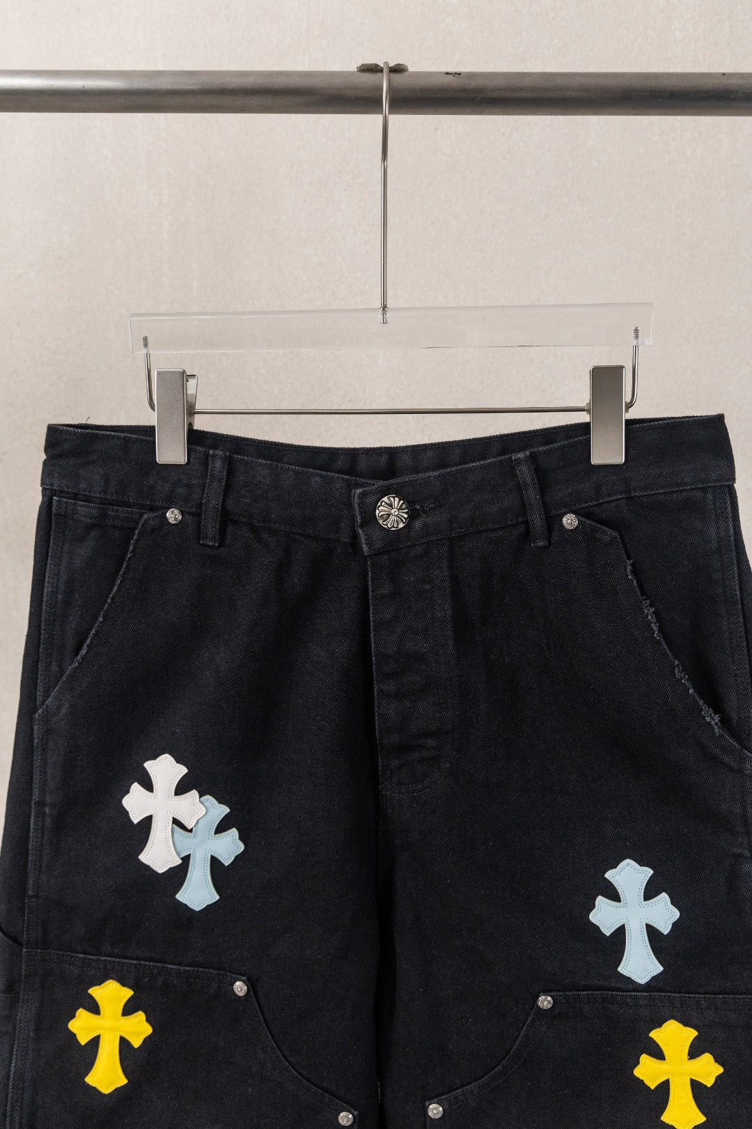 Yellow Blue White Cross Patch Black Jean Shorts™