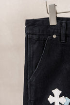 Yellow Blue White Cross Patch Black Jean Shorts™