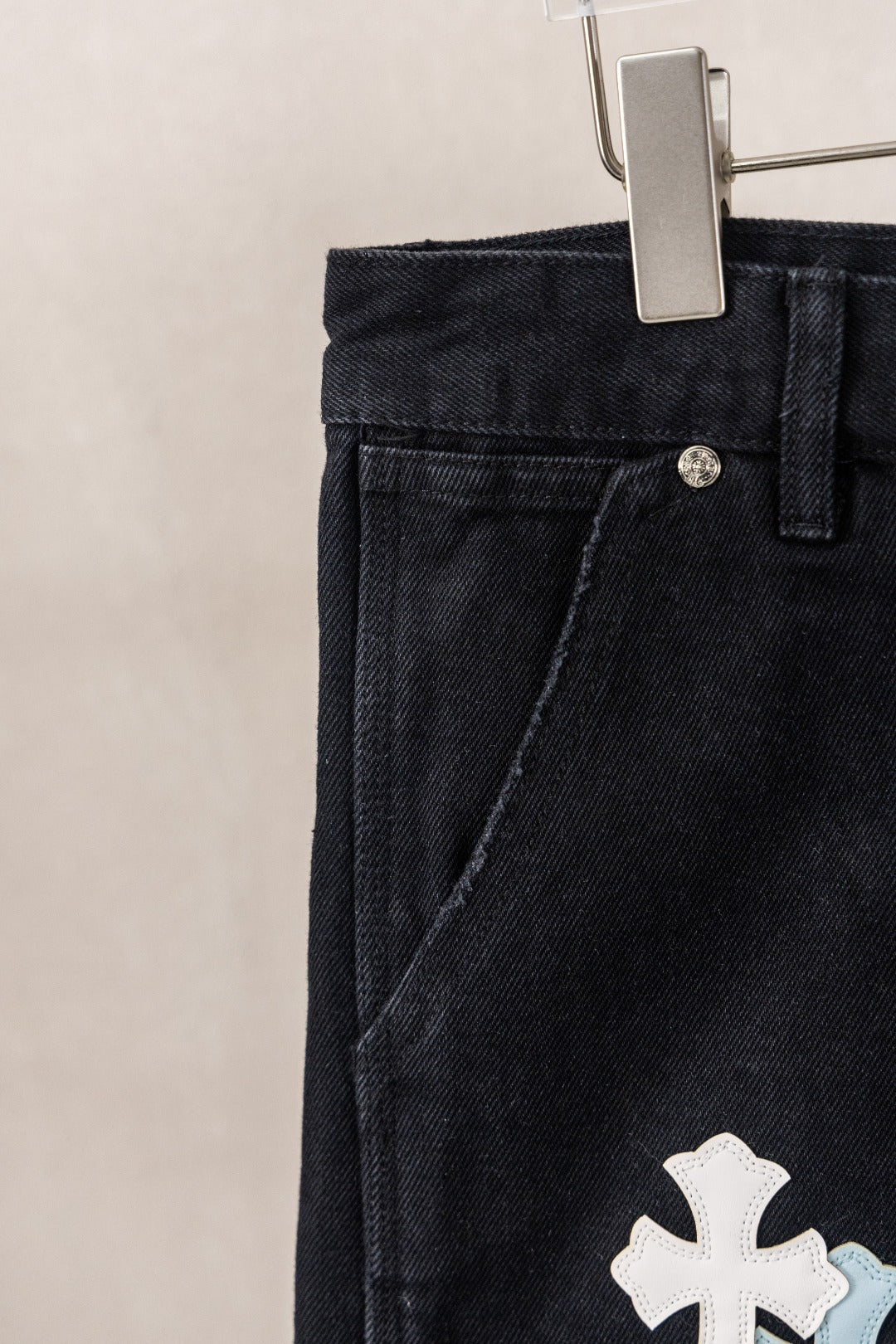 Yellow Blue White Cross Patch Black Jean Shorts™