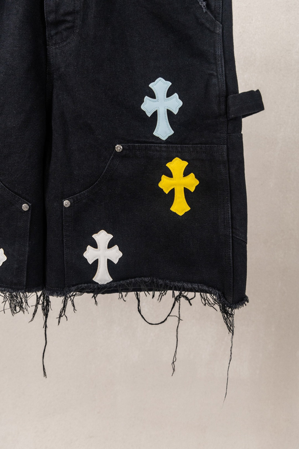 Yellow Blue White Cross Patch Black Jean Shorts™