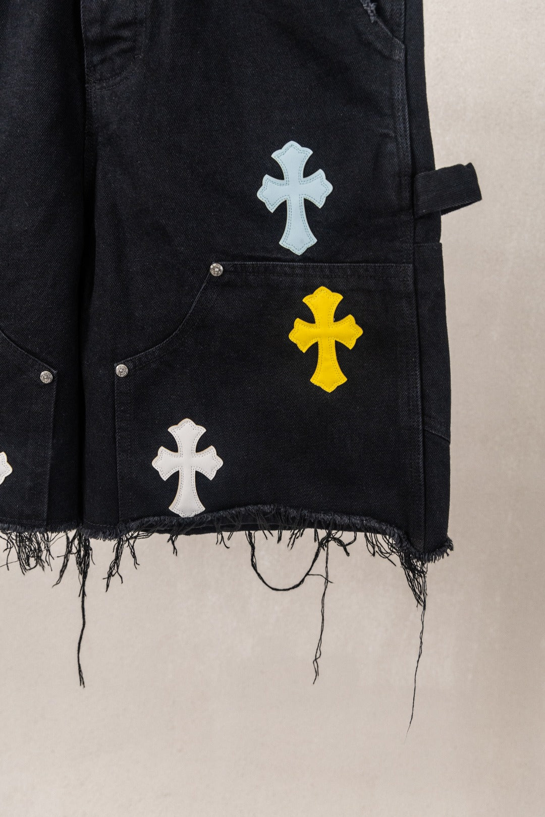 Yellow Blue White Cross Patch Black Jean Shorts™
