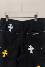 Yellow Blue White Cross Patch Black Jean Shorts™