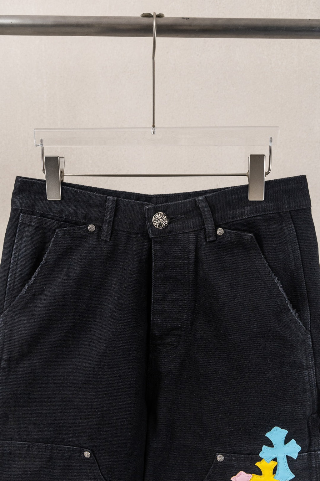 Yellow Blue Pink Cross Patch Black Jean Shorts™
