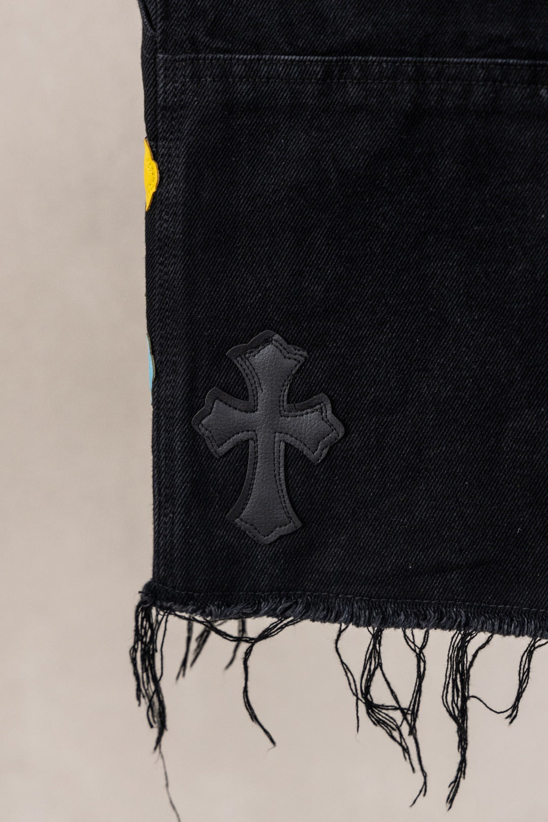 Yellow Blue Pink Cross Patch Black Jean Shorts™