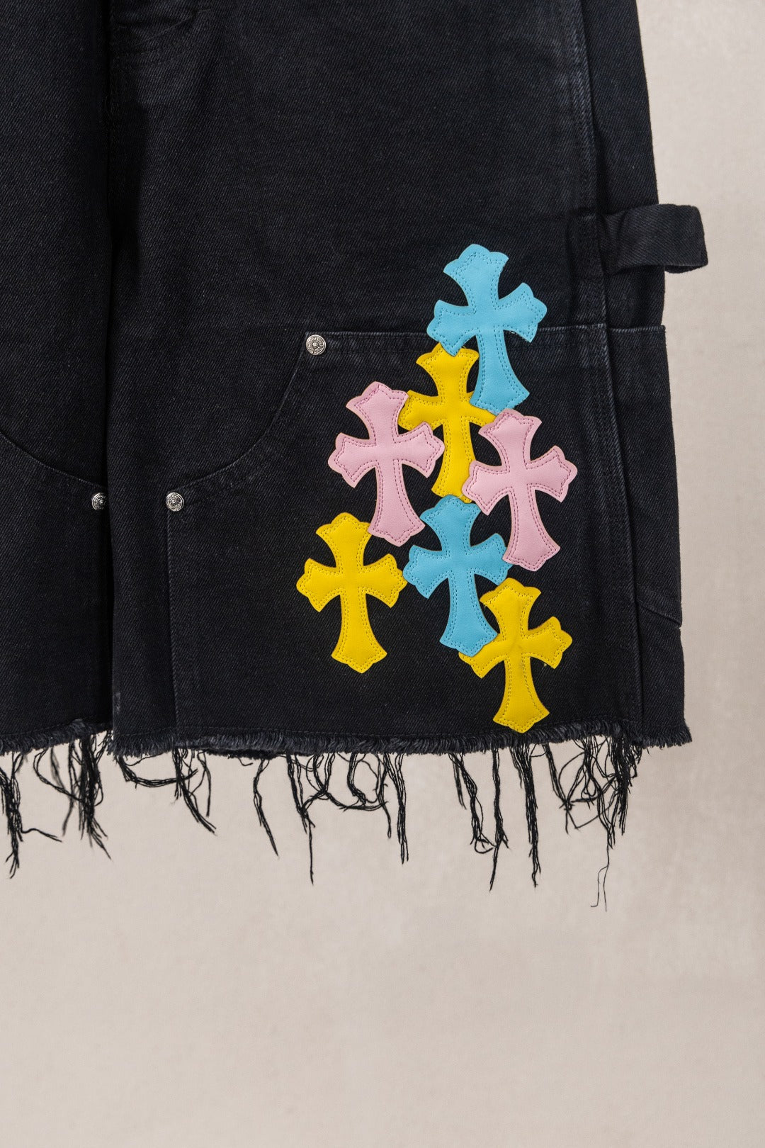Yellow Blue Pink Cross Patch Black Jean Shorts™