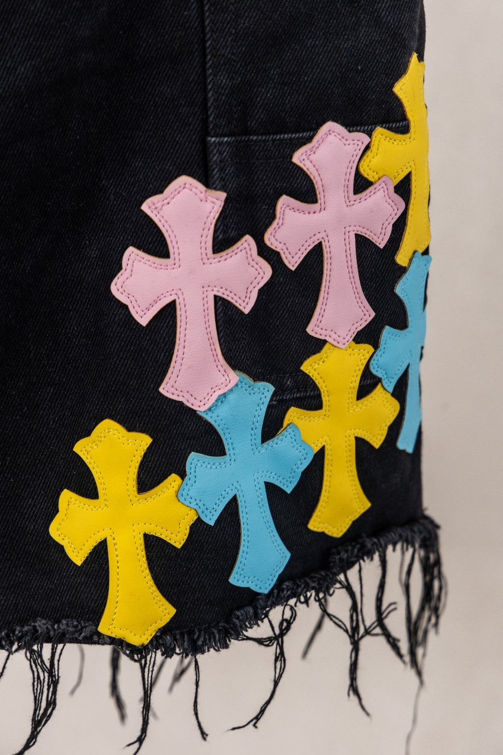 Yellow Blue Pink Cross Patch Black Jean Shorts™