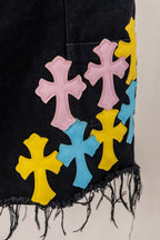 Yellow Blue Pink Cross Patch Black Jean Shorts™