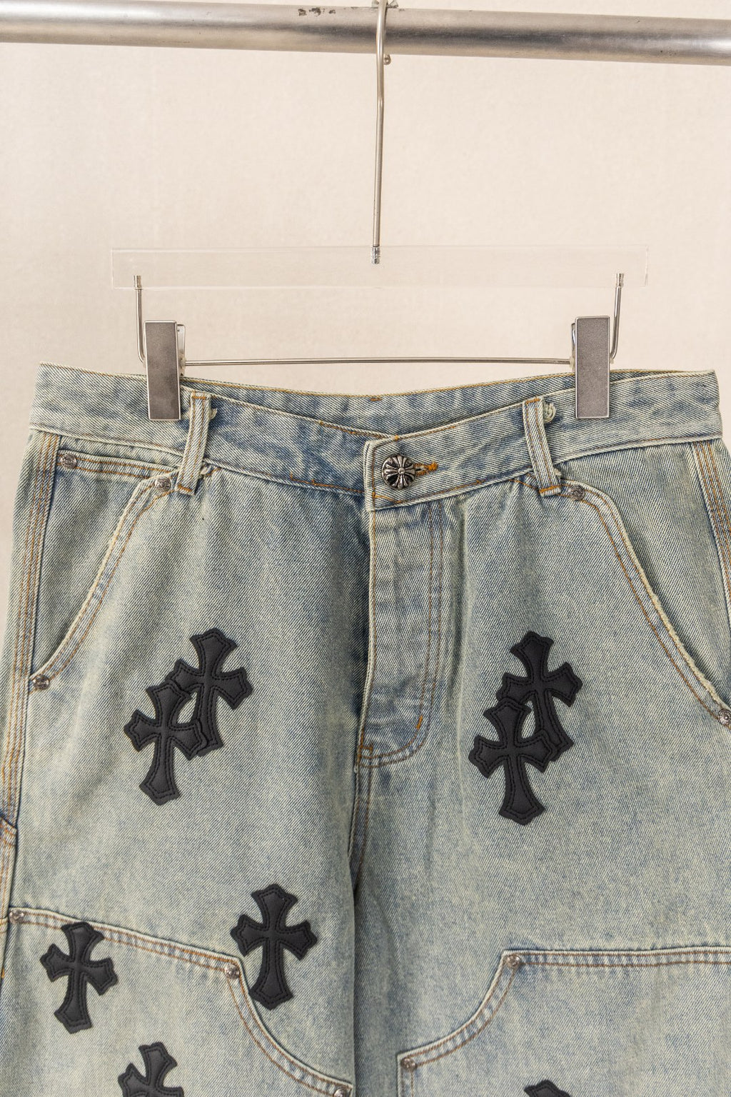Black Cross Patch Light Denim Shorts™