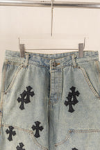 Black Cross Patch Light Denim Shorts™