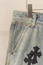 Black Cross Patch Light Denim Shorts™