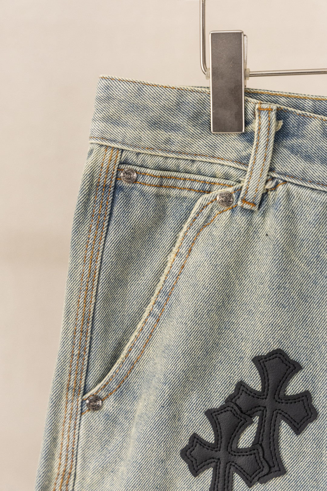 Black Cross Patch Light Denim Shorts™
