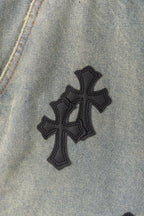 Black Cross Patch Light Denim Shorts™