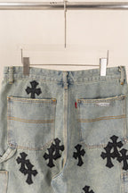 Black Cross Patch Light Denim Shorts™