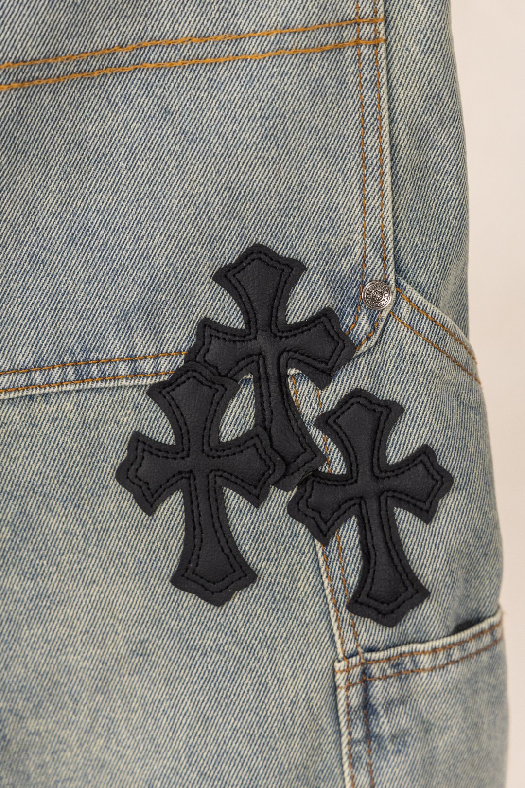 Black Cross Patch Light Denim Shorts™