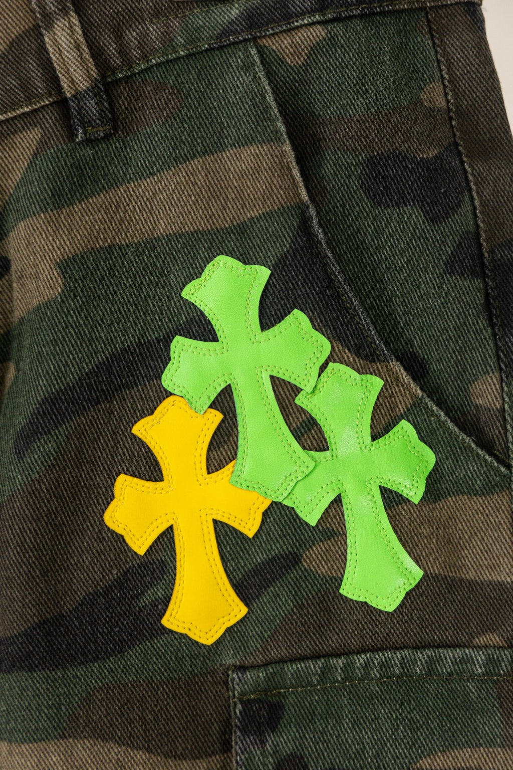 Yellow & Green Cross Patch Camo Shorts™