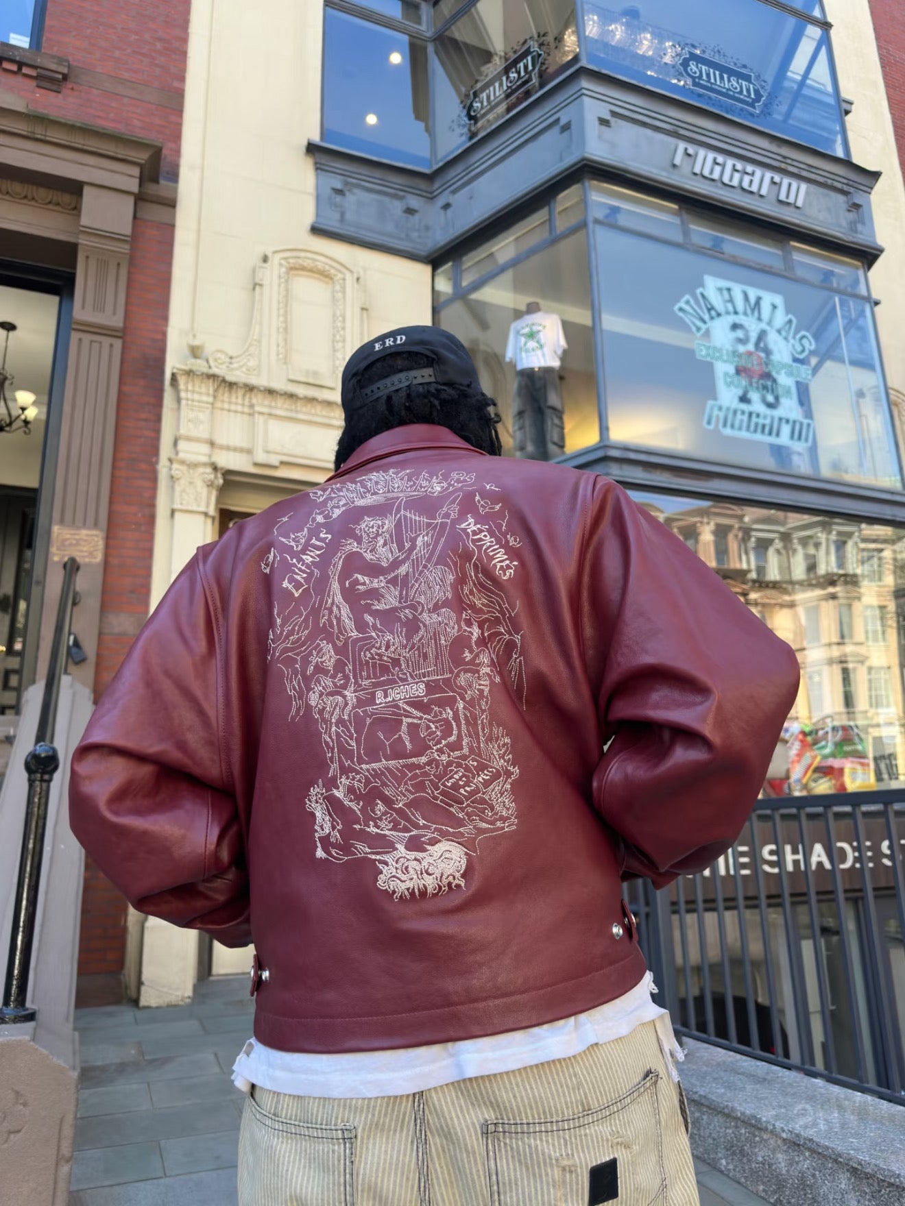 ER* Embroidered Graphic Burgundy Leather Jacket™