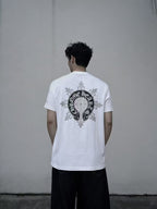 Black Horseshoe Ornate Cross White T-Shirt™