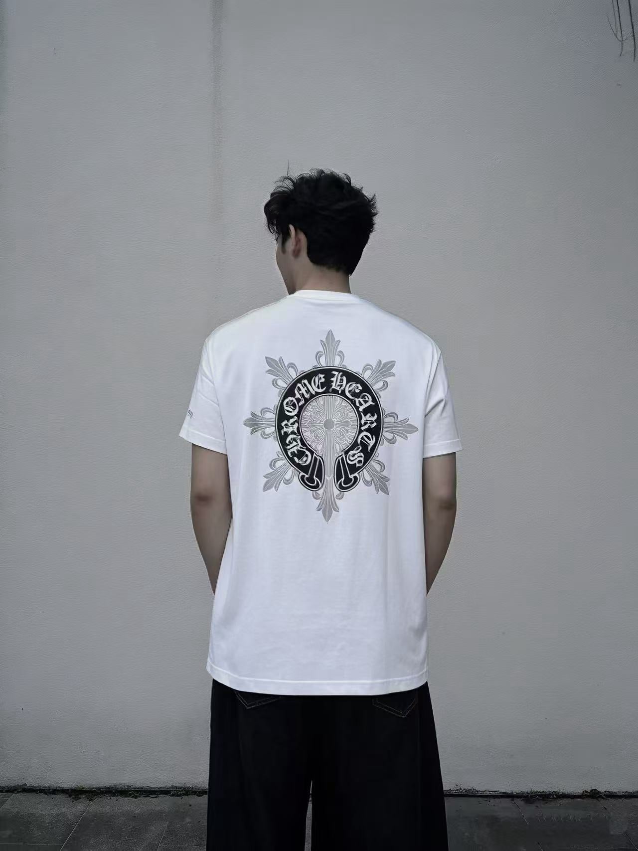 Black Horseshoe Ornate Cross White T-Shirt™