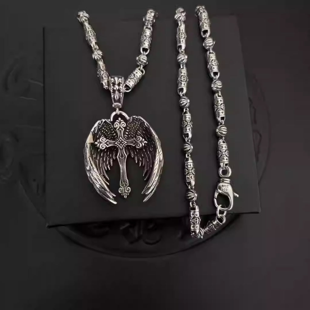 S925 Silver Winged Cross Pendant Barrel Link Necklace™