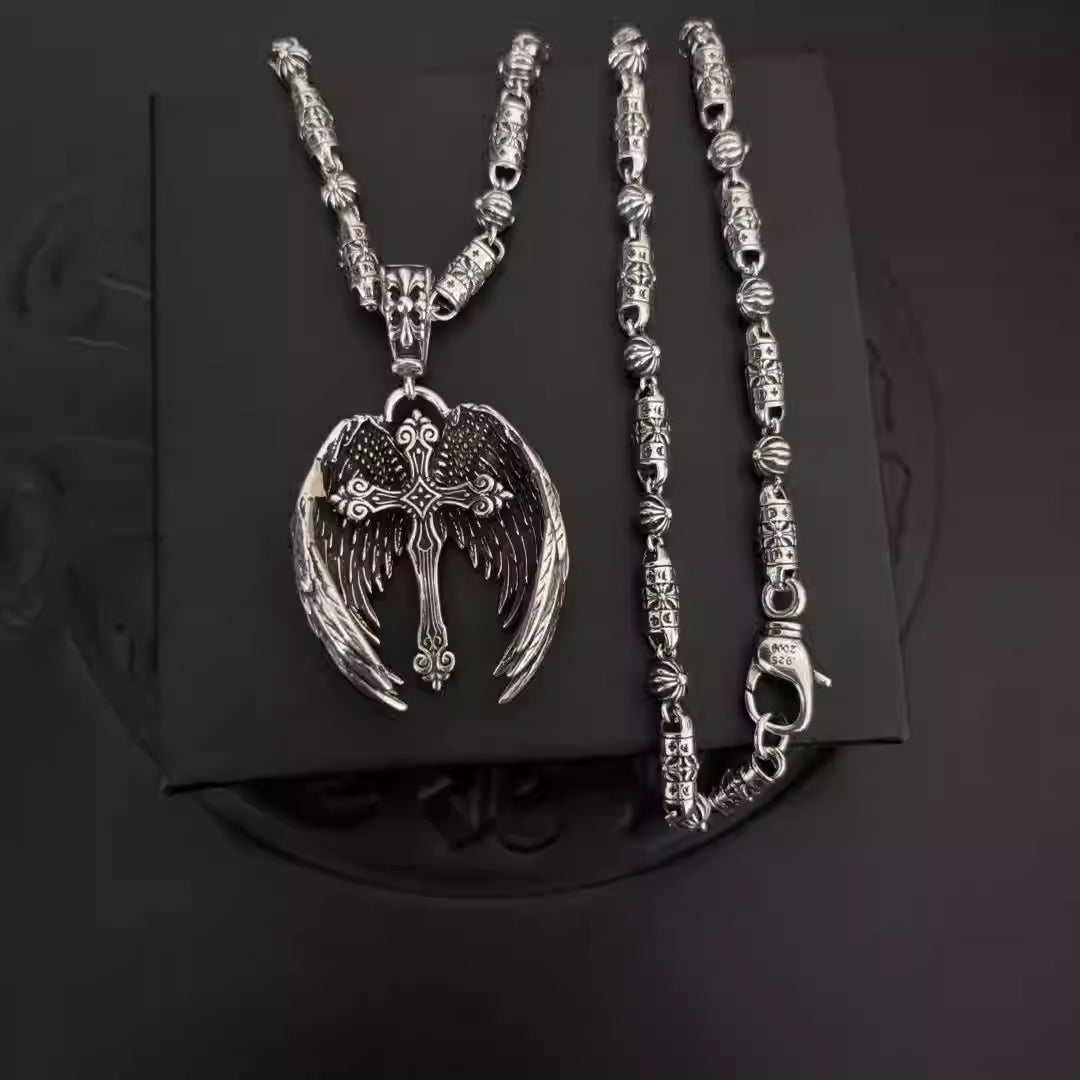 S925 Silver Winged Cross Pendant Barrel Link Necklace™