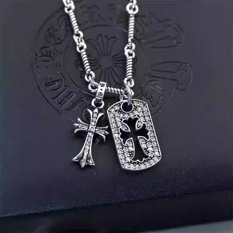 S925 Silver Crystal Cross Dog Tag Double Pendant Necklace™
