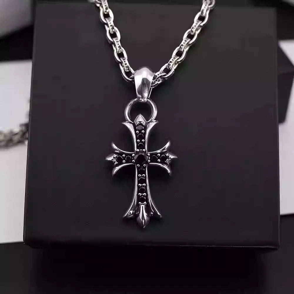 S925 Silver Black Stone Flared Cross Necklace™