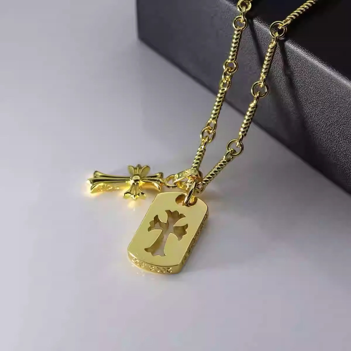 S925 Silver Crystal Cross Dog Tag Double Pendant Necklace™