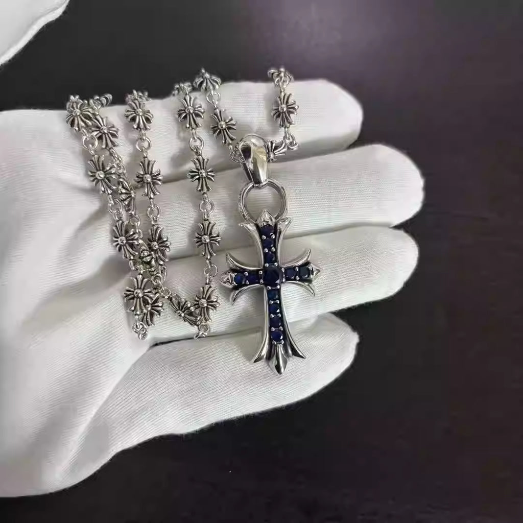 S925 Silver Blue Stone Flared Cross Necklace™