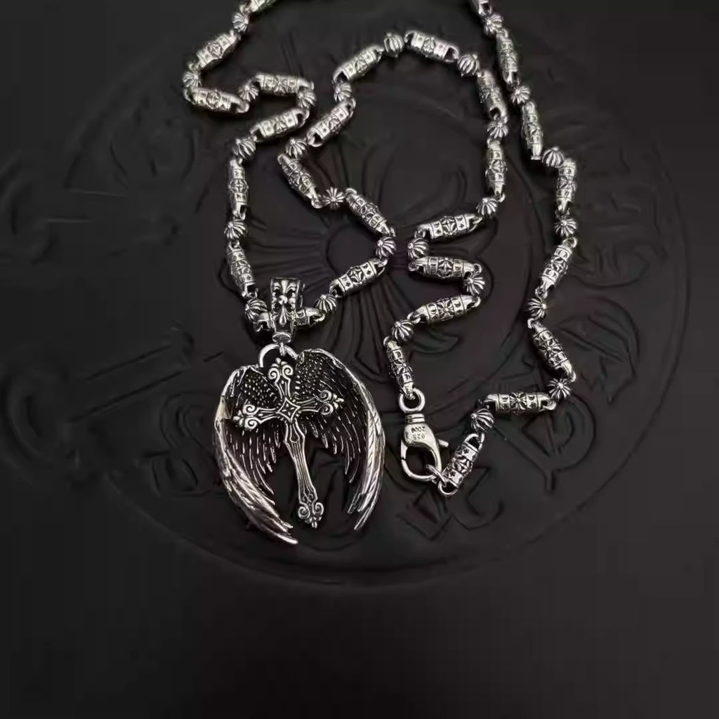 S925 Silver Winged Cross Pendant Barrel Link Necklace™