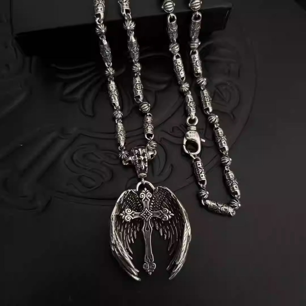 S925 Silver Winged Cross Pendant Barrel Link Necklace™