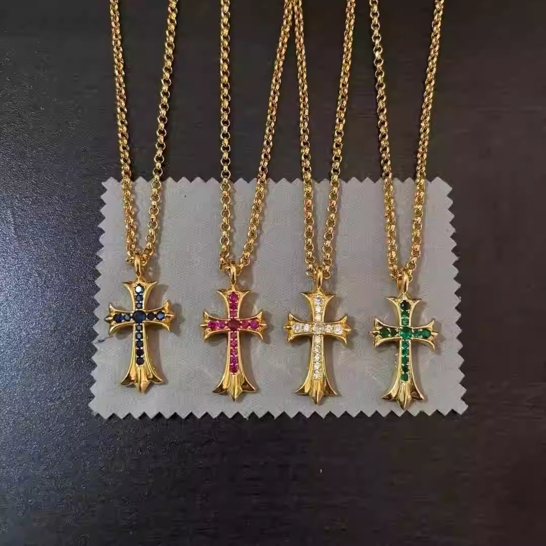 S925 Silver Gold Colored Stone Cross Necklace™