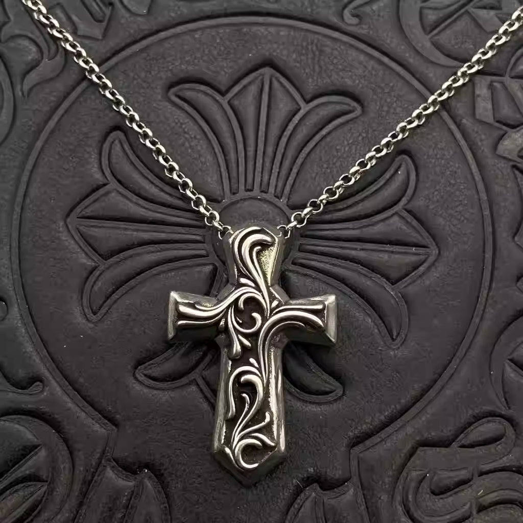 S925 Silver Engraved Thick Cross Pendant Necklace™