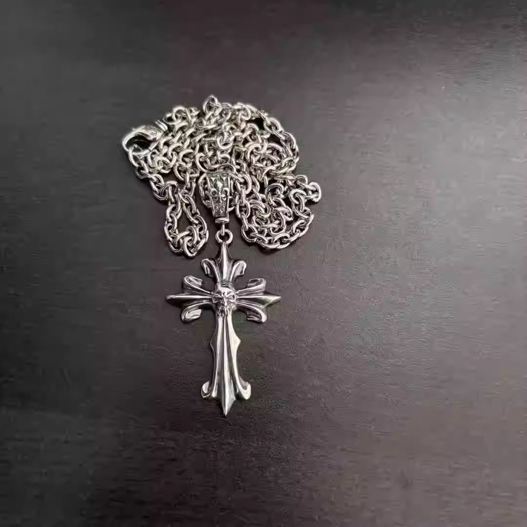 S925 Silver Skull Center Flared Cross Pendant Necklace™