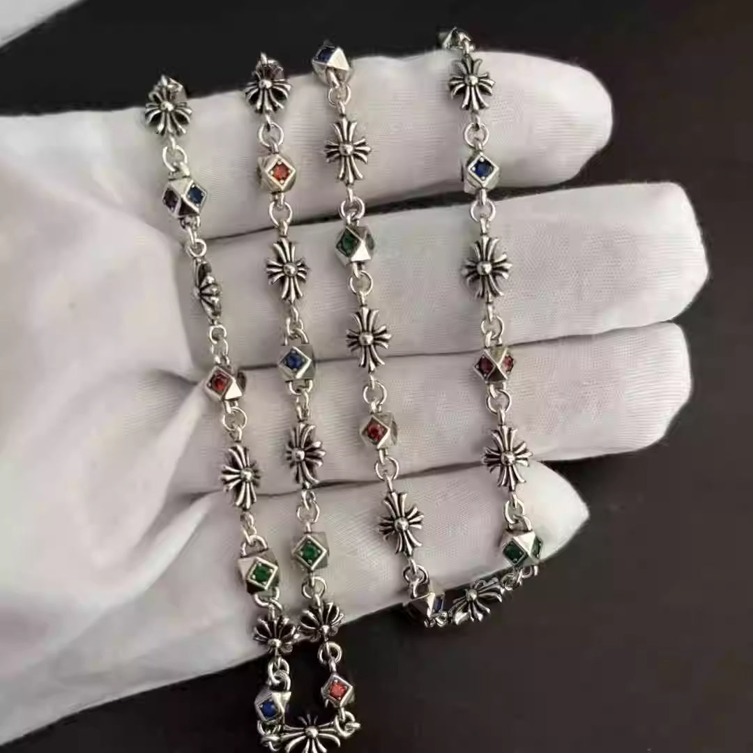 S925 Silver Multicolor Stone Flower Cross Necklace™