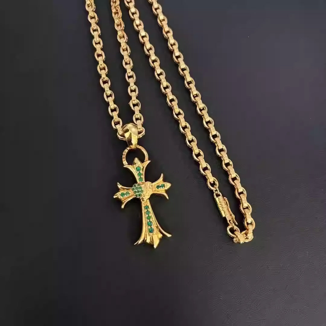 S925 Silver Green Stone Heart Gold Cross Pendant Necklace™