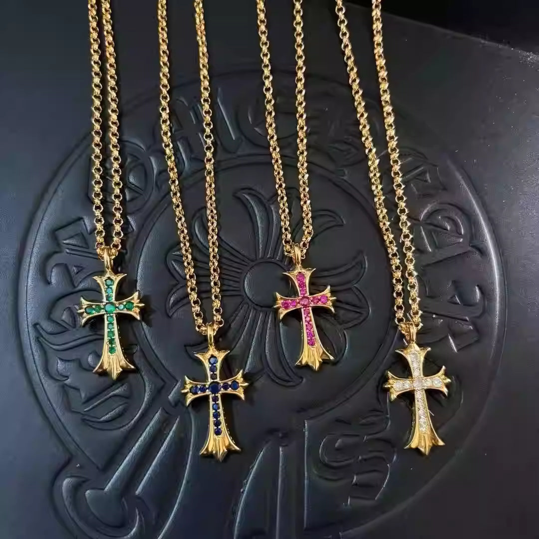S925 Silver Gold Colored Stone Cross Necklace™