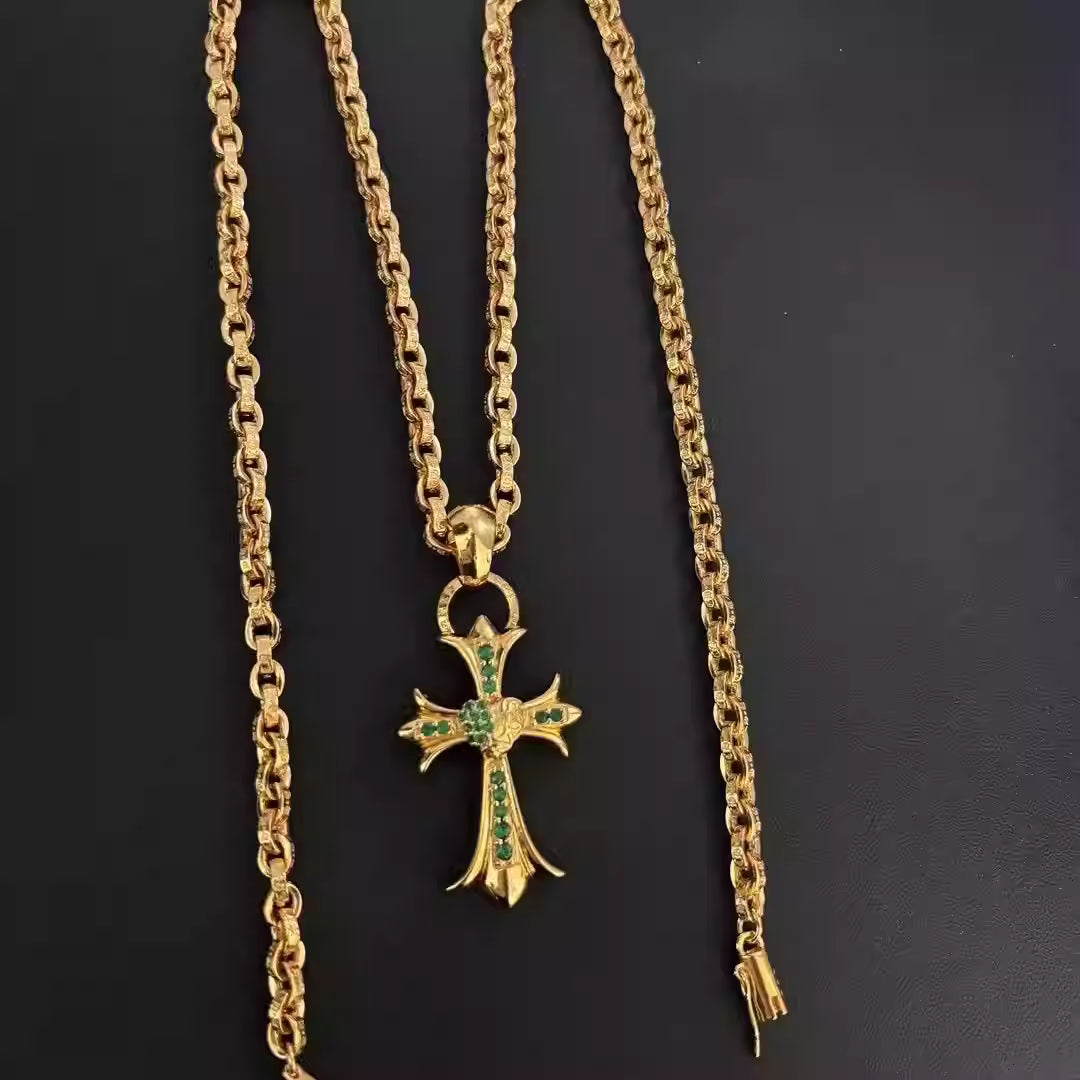 S925 Silver Green Stone Heart Gold Cross Pendant Necklace™
