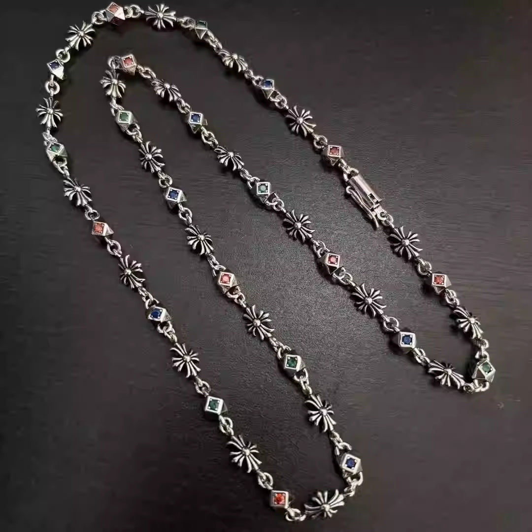 S925 Silver Multicolor Stone Flower Cross Necklace™