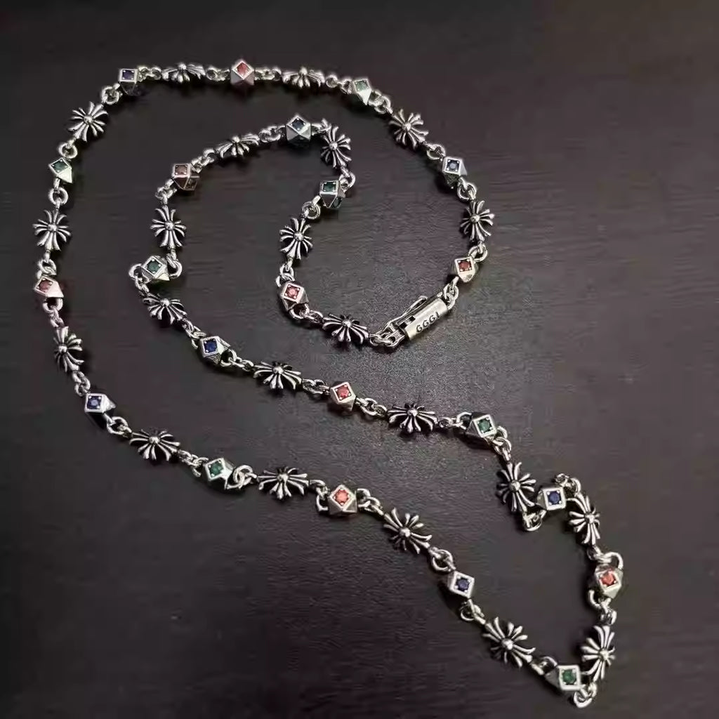S925 Silver Multicolor Stone Flower Cross Necklace™