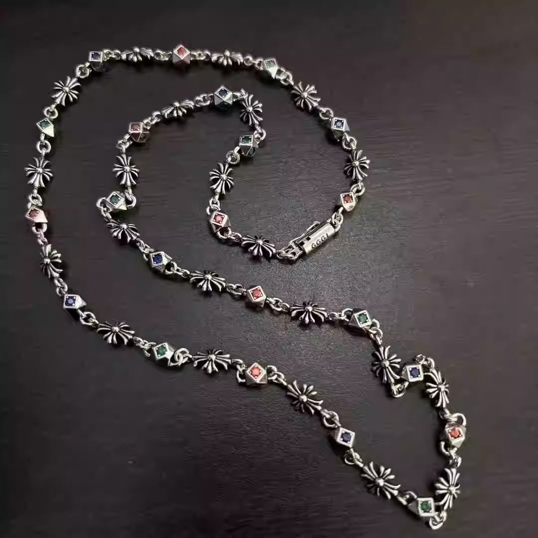 S925 Silver Multicolor Stone Flower Cross Necklace™
